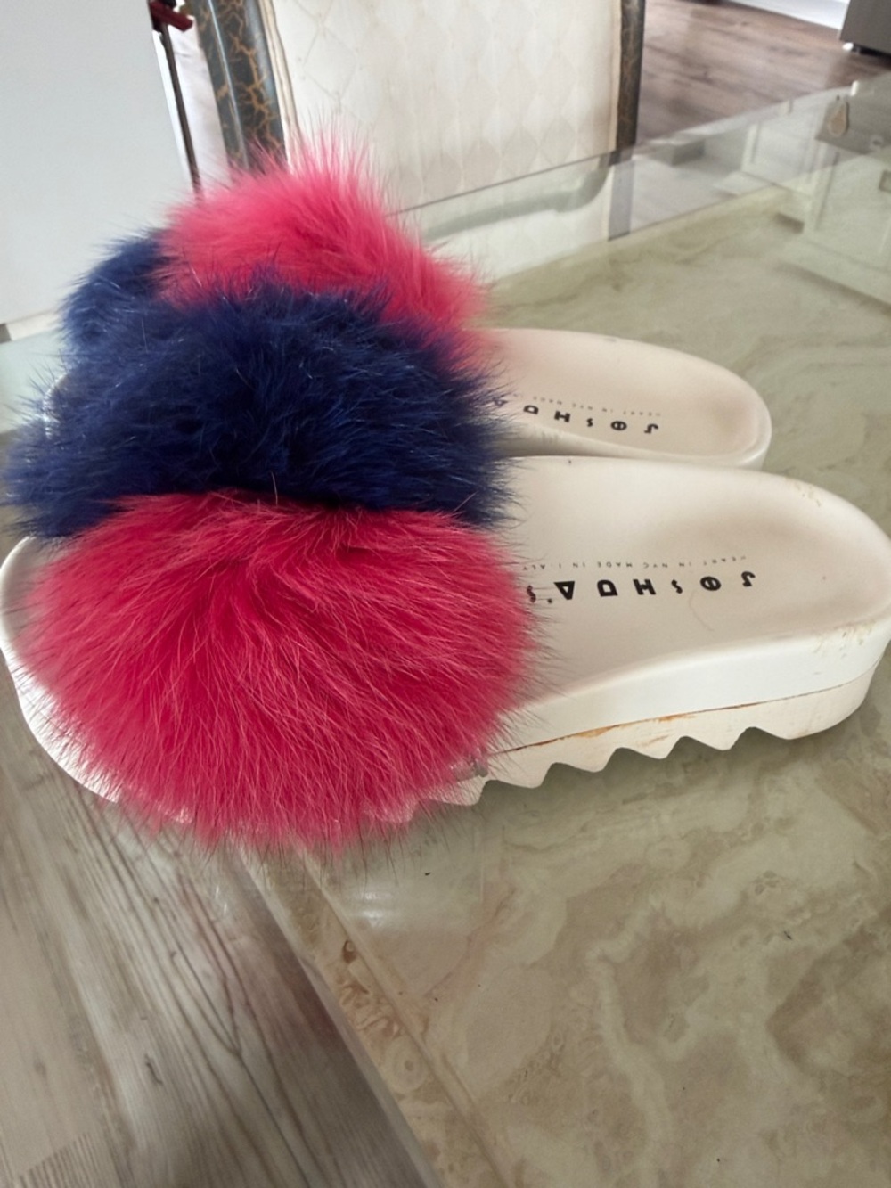 Joshoa’s Pink and Navy Faux Fur Slide Mules